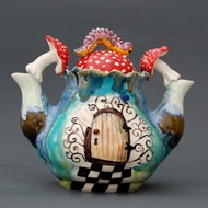 Two spout art teapot Alice Wonderland Double teapot Mushrooms Fairytale door