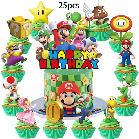 1-25pcs Mario Cake Topper、Cupcake Toppers, Mario Birthday Decorations，Mario Theme Party Supplies，Mar