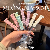 Set of 2 long, sturdy spoons and forks - ceramic handle and pastel-colored stainless steel body that