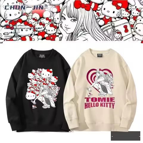 Hello Kitty Junji Ito Tomie Sweatshirt with Cute Pattern Print Retro Fashion Pure Cotton Anime Men's