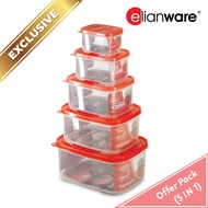 ELIANWARE SUPERDEAL 5 In 1 225ml-2.35Ltr Rect. Airtight Food KeeperStackable Bekas Makanan E-1071/2/