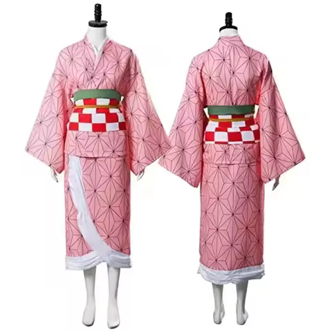 Anime Nezuko Cosplay Kamado Nezuko Cosplay Costume Nezuko Wig Uniform with Props for Adult Halloween