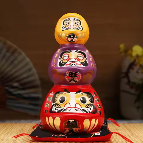 11 Inch Ceramic Daruma Tower Japanese Porcelain Maneki Neko Collectible Figurine Dharma Good Luck Ze