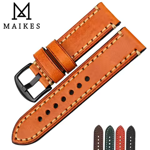MAIKES Watch Accessories Watch Band For PANERAI FOSSIL Genuine Leather Strap Brown 20 22 24 26mm Wat