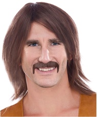 Mens Brown Hippie Wig with Mustache Sonny Wig and Mustache Hippie Wigs for Men Hippie Wig Costume 60