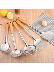 家居廚房用簡約木紋手柄不鏽鋼烹飪器具套裝，包括鏟子、勺子、翻鍋鏟、濾網、耐熱墊