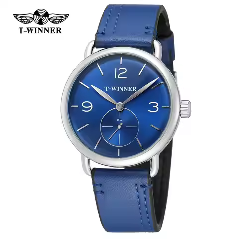 T-WINNER Simple casual men's and women's watches with blue dial and leather strap automatic mechanic