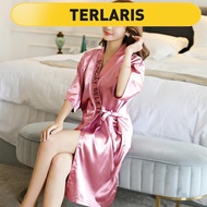 🎁🎁Ready Stock❤ baju tidur dewasa pyjamas satin baju tidur satin Saiz Besar Baju Tidur Wanita Musim Panas Seksi Piyama Sutera Ais Renda Musim Bunga dan Musim Gugur Lengan Panjang Tali Ikat Baju Mandi Wanita Jubah Mandi Satu Helai