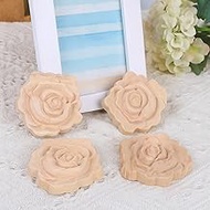 4PCS Unpainted Wooden Onlay Appliques 7x7x0.9 cm/2.76x2.76x0.34 Inch, Rose Flower Carved Detail Deca