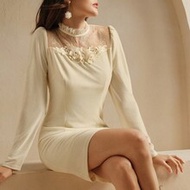 Elegant Apricot Color Lace Patchwork Mini Dress With Long Bishop Sleeves, 3D Floral For Holiday Part