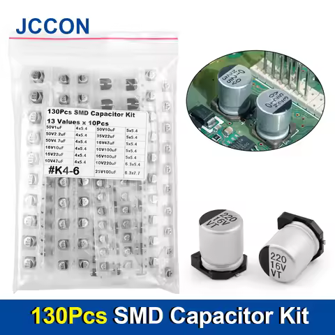 130Pcs JCCON SMD Aluminum Electrolytic Capacitor Assortment Kit 13Values 1uF-220uF 1uF 2.2uF 4.7uF 1