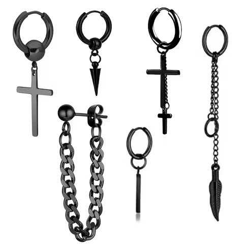 1pc Men's Cross Pendant Earrings Stainless Steel Chain Circular Earrings For Men Women Punk Hip Hop