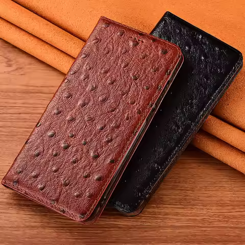 For iPhone 16 Plus 11 12 13 14 15 16 17 Pro Max 17Air Ostrich Point Genuine Leather Flip Phone Case 