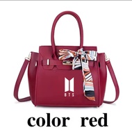 BTS Kpop Vinyl Logo Red PU Leather Shoulder Bag with Free Scarf + BTS Photocard