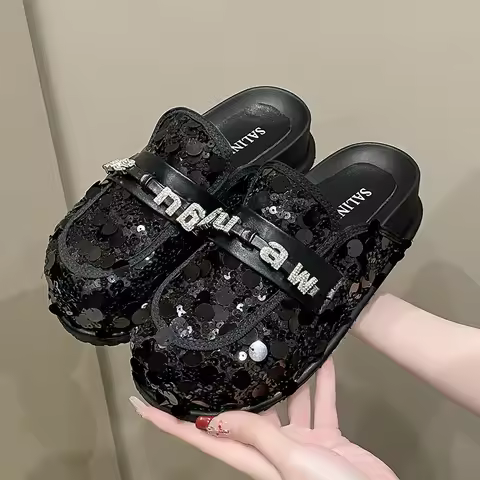 Baotou women's slippers 2024 Spring And Summer New Sequin Rhinestone Thick Sole Fashion Hundred Matc