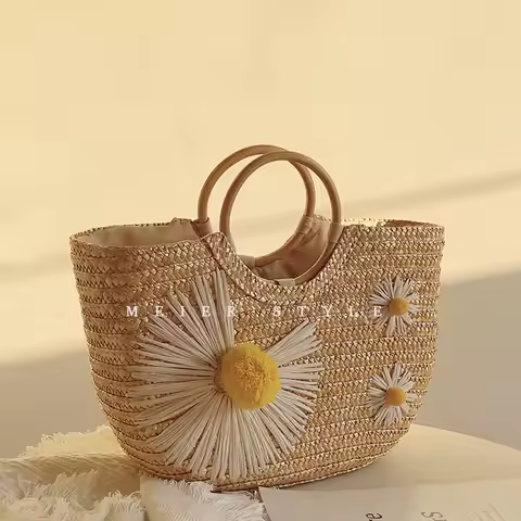 Little Daisy Straw Wooden Ring Handbag, Woven Holiday Beach Bag