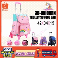 7 8 9 10 11 12 13 tahun Beg Sekolah Troli Beroda School Bag Waterproof Kids Trolley School Bag Primary Trolley Unisex 6 Wheel Staircase Roda Kanak Cute 3D Unicorn School Bags sekolah rendah perempuan girl 6