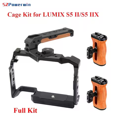 SZPowerwin Camera Cage For Panasonic S5II S5IIX Wooden Handgrid Handle Kit Aluminum Alloy Multifunct