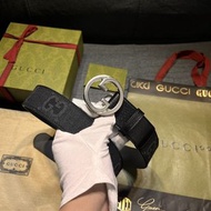 Gucci 圓環銀色雙G黑色帆布皮帶(面寬4.0CM)