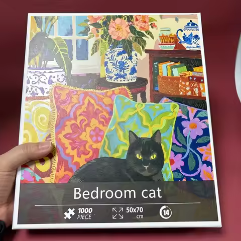 Premium 1000-Piece Jigsaw Puzzle: "Midnight Cat in Vibrant Living Room" - 70x50cm (27.5x19.7 Inches)