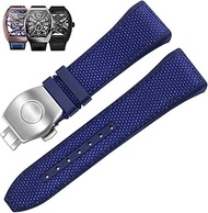 GANYUU 28mm Nylon Genuine Leather Silicone Watch band Black Blue Folding Buckle Watch Strap For Franck Muller V45 Series Watchbands (Color : Blue-silver, Size : 28mm)