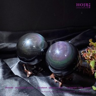 HOJB High Grade Mexican Black Obsidian Rainbow Eyes Crystal Ball 75-80mm 聚寶軒顶级墨西哥黑曜石双彩虹眼风水化煞镇宅水晶球75-
