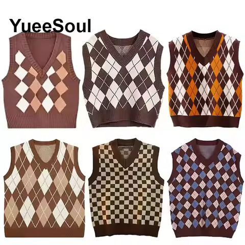 Argyle Sweater Vest Brown Sleeveless Pullover Knitted Waistcoat 2025 Autumn New Y2K Vintage High Str
