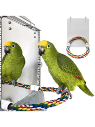 1 件亞克力鏡子帶鸚鵡棲息架,鳥類拼圖玩具帶彩色鸚鵡棲息,非洲灰鸚鵡籠配件