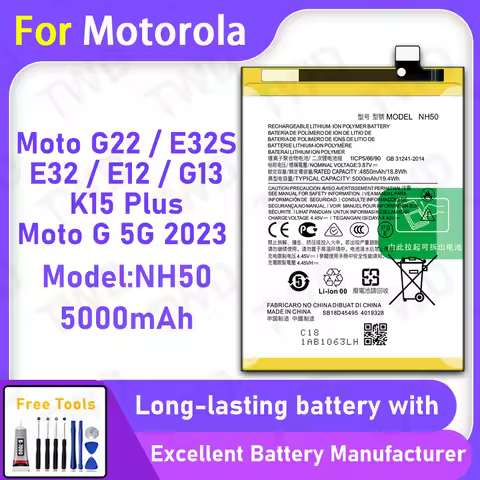 High Quality 5000mAh NH50 Battery For Motorola Moto G22 E32 E32S E12 G13 Long Lasting Power +Free To