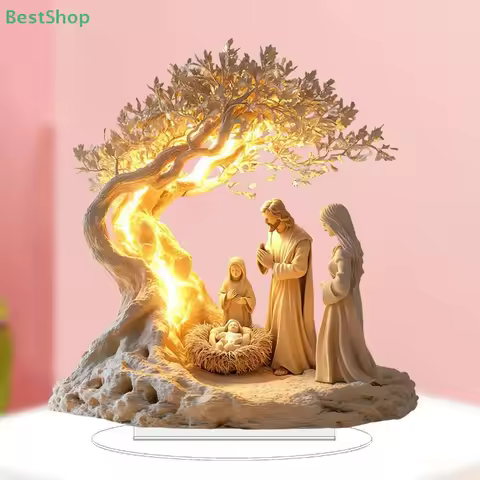 ♥Acrylic Jesus Tree Of Life Nativity Scene Figurine,Holy Family Religious Decor,Christmas Resin Orna