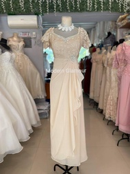 【New】ELEGANT BEIGE SIDE SWAG BROOCH DESIGN FORMAL DRESS FOR WEDDING, NINANG GOWN, MOTHER OF THE BRIDE GROOM, OCCASSIONS, EVENTS