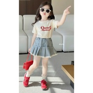 [B&G] Cherry Blossom t-shirt dress set with personality flared jean skirt for girls from 10-45kg gir