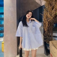 Áo Sơ Mi Kẻ Sọc Tay Lỡ Form Rộng Chất đũi Nhăn Mát Mịn Sơ Mi Ngắn Tay Phong Cách Hàn Quốc đi Học đi 