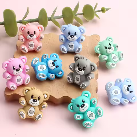 DW29 5Pcs Cute Cute Bears Silicone Beads 3D Focal Beads for Pen Making Jewelry Necklace DIY KeyChain