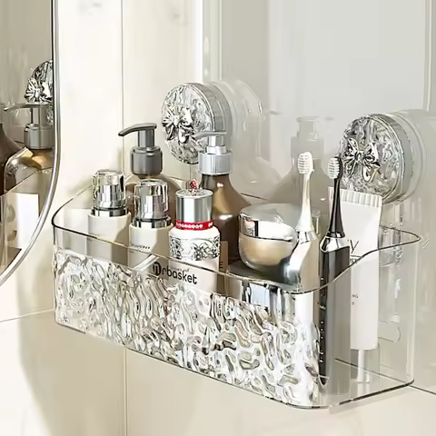 Shower Suction Cup Shelf Basket Light Glacier Pattern One Second Installation bathroom Organizer Sto