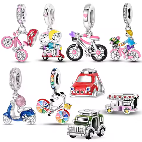 925 Sterling Silver Bicycle Tourist Car Jeep Electric Car Helmet Beads Pendant Charms Fit Bracelet D