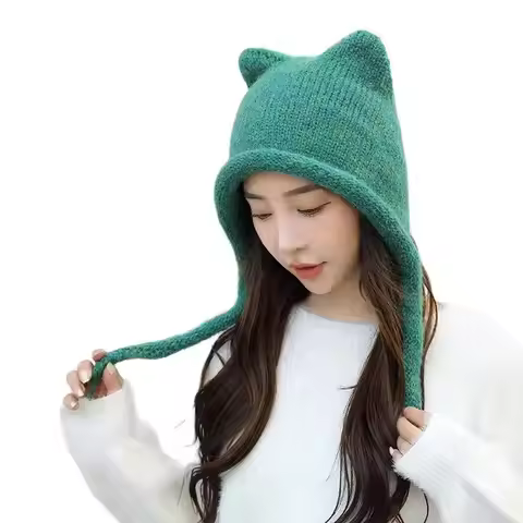 Green Beanie Christmas Japanese Cute Bear Ears Hat Women's Winter Thermal Straps Knitted Ear Protect