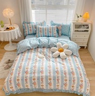 全城熱賣 - 少女心純棉套件（藍色思念-荷葉邊款）【1.8m床笠款（被套200*230 床笠180*200枕套48*74*2隻）】