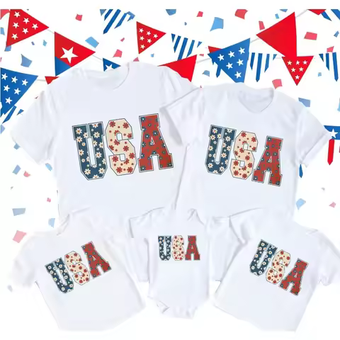 USA Print Family Matching Outfit American Celebrate Independence Day Family Short Sleeve Set 4th of 