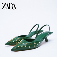 Zara New Style Black Pointed Toe Low-Heeled Classy Wedding Shoes Rivets Cat Heels