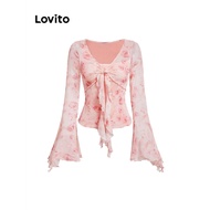 Lovito Glamorous T-Shirt Ditsy Floral Tie Front Knot Ruffle Hem T-Shirt for Women L101AD109