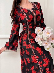 SHEIN Najma Vestido árabe elegante de manga larga y cuello redondo con estampado floral
