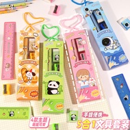 Creative student pencil five-in-one set, children's cute eraser learning stationery five-piece set, 