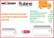 RUBINE SPH 40S SIN 3.0(I) ELECTRIC STORAGE WATER HEATER / FREE EXPRESS DELIVERY