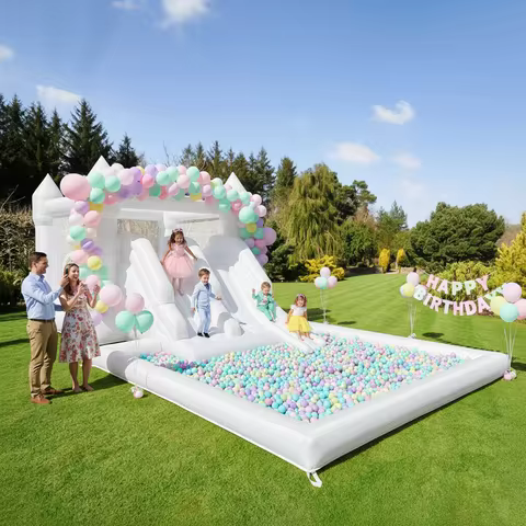 Kids Party Large 19ft Inflatable White Bounce House With Double Slide And Big Ball PIt Customization