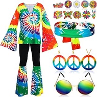 17Pcs 60s 70s Outfits for Women Hippie Costume Set Disco Outfit Dress Boho Flared Pants Hippie Shirt Headband