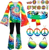 17Pcs 60s 70s Outfits for Women Hippie Costume Set Disco Outfit Dress Boho Flared Pants Hippie Shirt