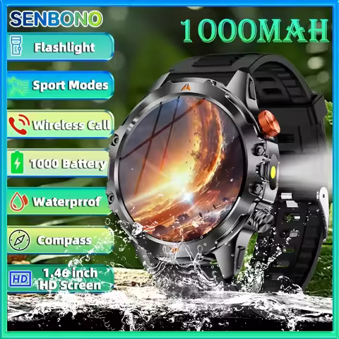 SENBONO AMOLED Smart Watch for Men 1100mAh Battery 25+Day Use Time Compass IP68 Waterproof Sport Men