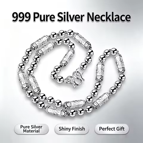 Original Fine Silver Pure 999 Necklace For Women Men Hexagonal Bead Long Chain Real Sterling Silver 