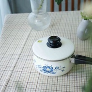 日本雜貨-昭和時代全新品白色青花瓷花朵珐瑯單柄鍋
